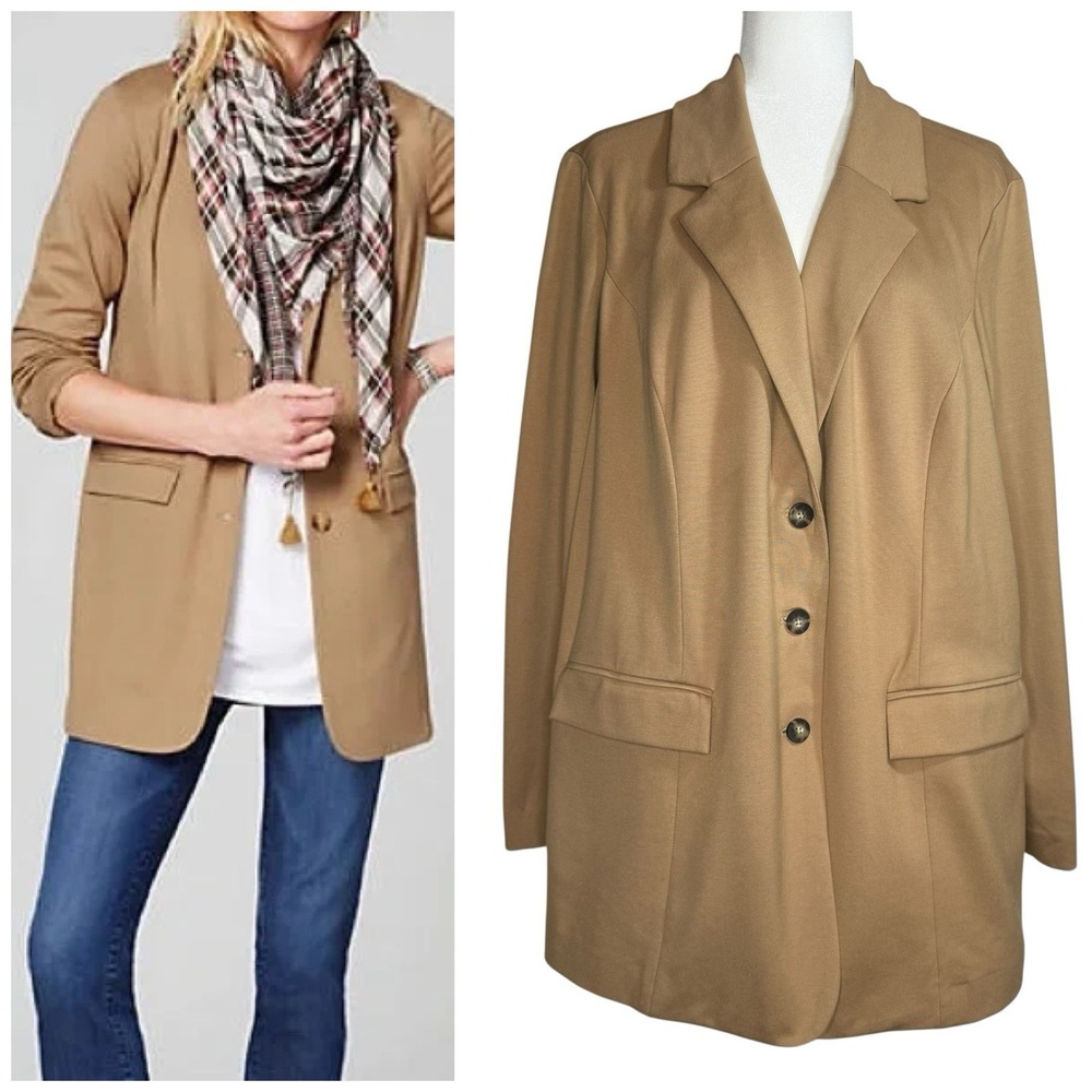 J. Jill Ponte Stretch Knit Blazer Jacket Camel Tan‎ Longline 3 Button L/XL Cozy